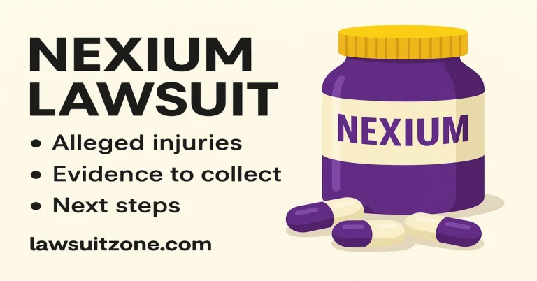 Nexium lawsuit guide graphic showing alleged injuries, evidence to collect, and next steps for long-term Nexium users