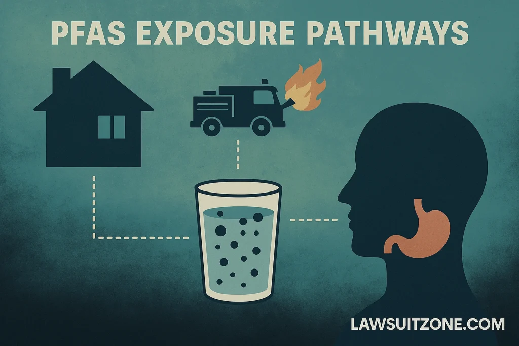 Illustration showing PFAS exposure pathways, including contaminated water, residential sources, firefighting foam runoff, and human ingestion, branded with lawsuitzone.com.