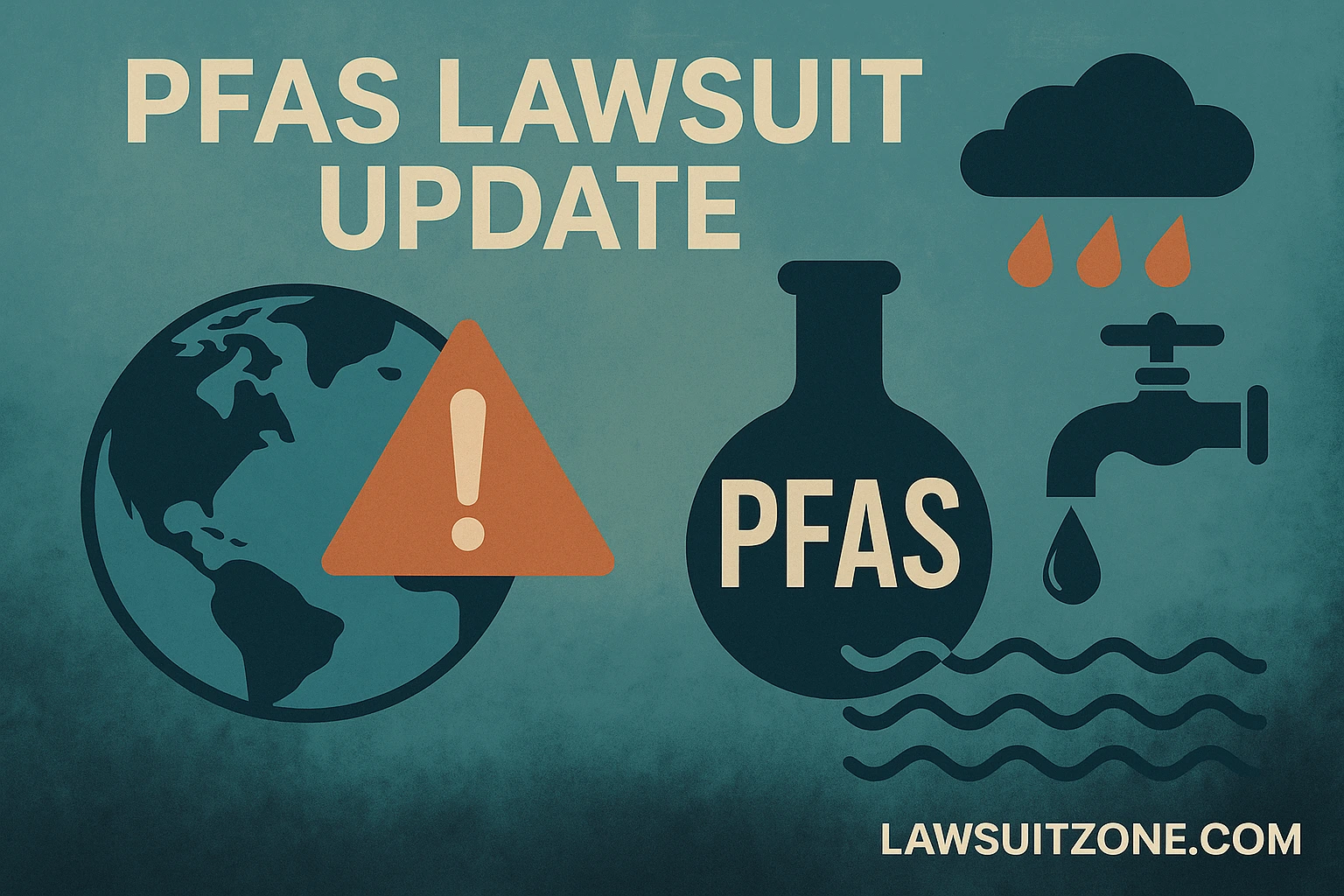Symbolic illustration showing PFAS contamination risks with Earth, warning icon, chemical flask, polluted water imagery, and a faucet, representing PFAS lawsuit updates, branded with lawsuitzone.com.