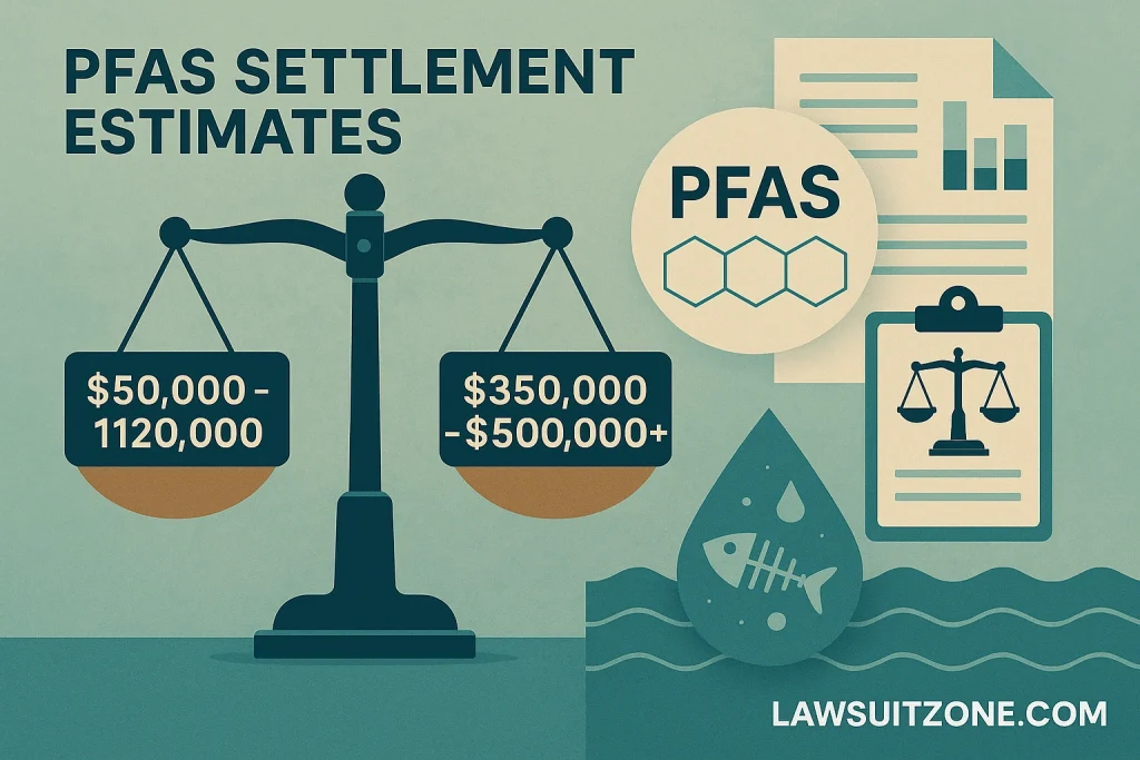 Infographic illustrating estimated PFAS lawsuit settlement ranges, including payout brackets, legal scale icons, PFAS chemical symbols, and contaminated water graphics, branded with lawsuitzone.com.