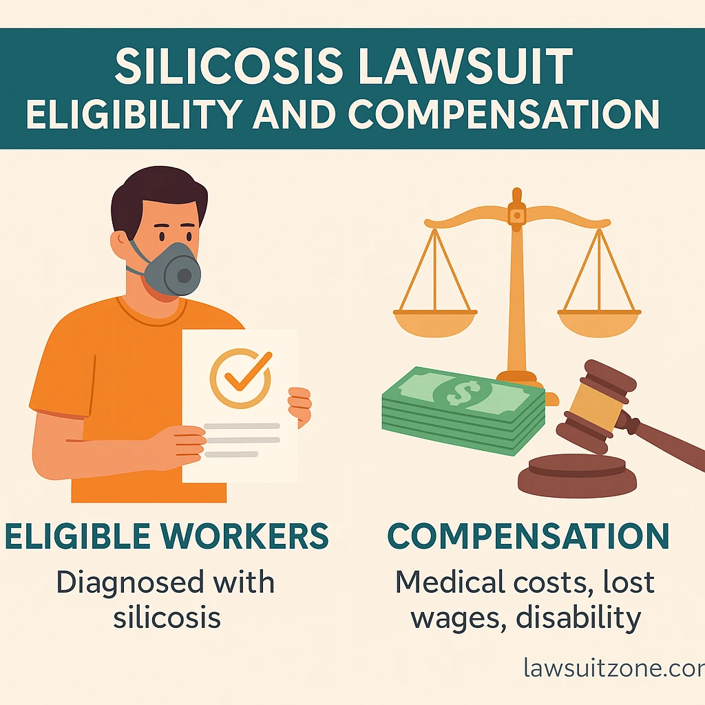 Infographic showing silicosis lawsuit eligibility and compensation options including medical costs, lost wages, and disability