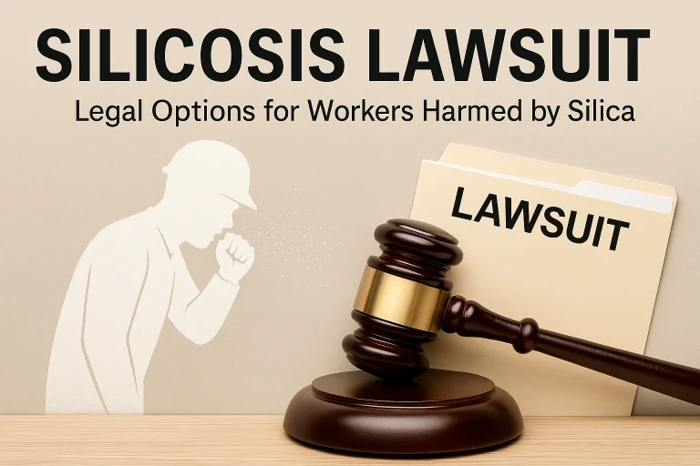 Silicosis lawsuit feature image showing worker harmed by silica dust and legal action for compensation