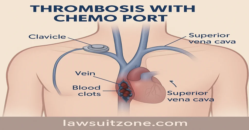 Thrombosis With Chemo Port: Blood Clot Risks Explained

Alt Text (SEO): Medical diagram showing thrombosis with a chemo port, illustrating blood clots in a vein near the chest port and major veins