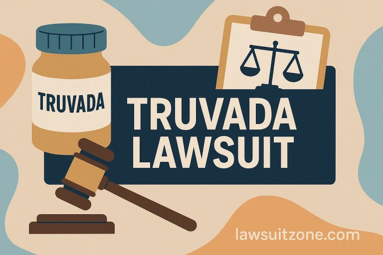 Illustration of a Truvada lawsuit showing a pill bottle, gavel, and justice scale, representing kidney and bone injury legal claims on lawsuitzone.com