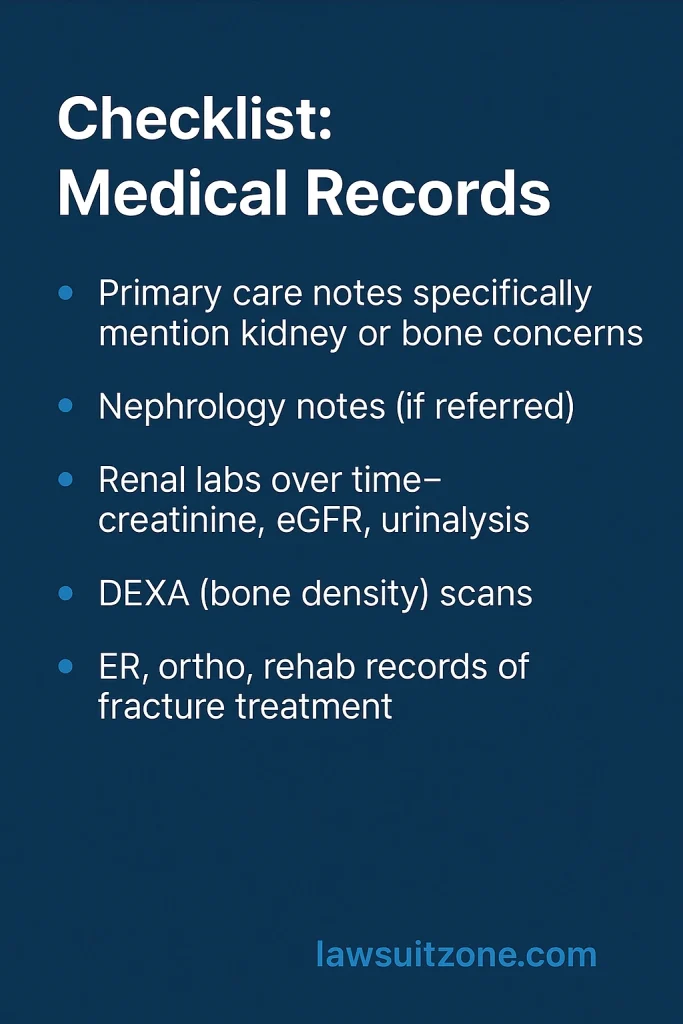 Checklist of medical records to collect for a potential Truvada lawsuit, including primary care notes, nephrology records, kidney labs, DEXA scans, and fracture treatment documents on lawsuitzone.com