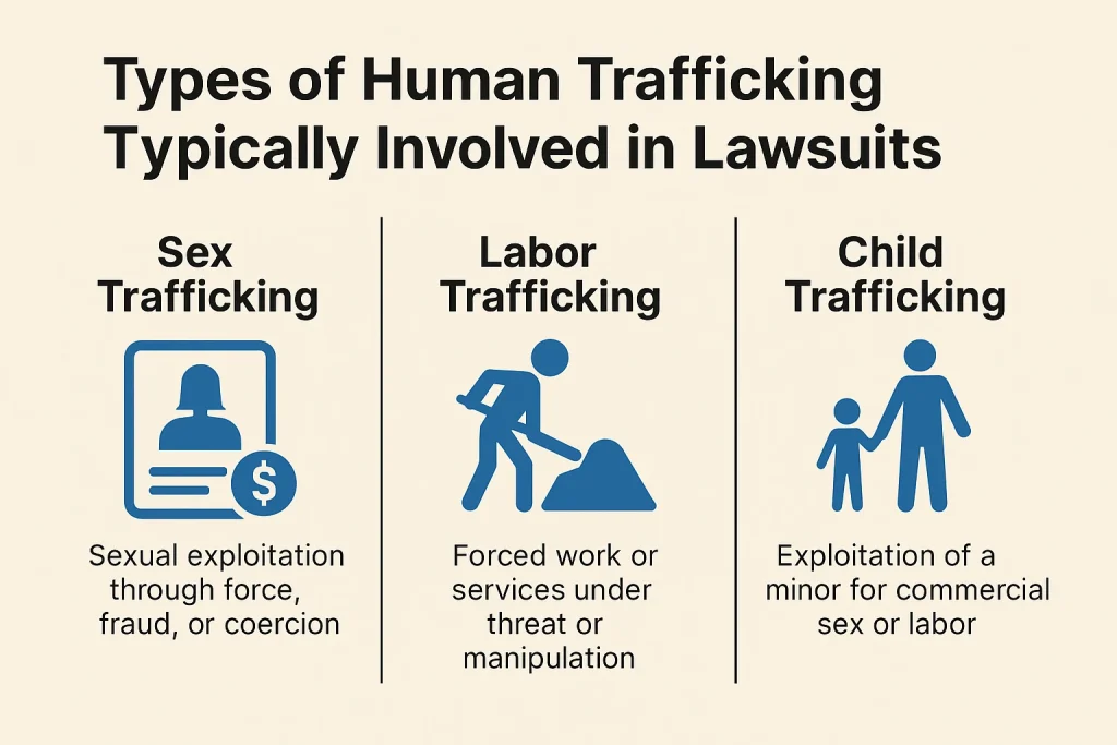 Infographic showing types of human trafficking lawsuits including sex trafficking, labor trafficking, and child trafficking