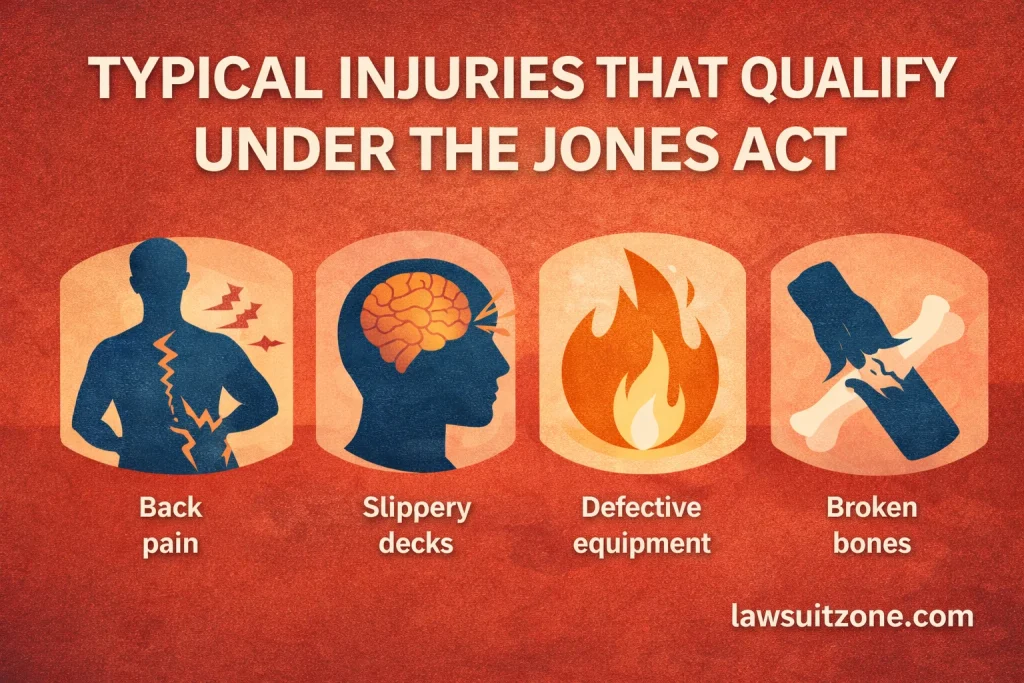 Typical injuries that qualify under the Jones Act including back injuries, brain trauma, burns, and broken bones