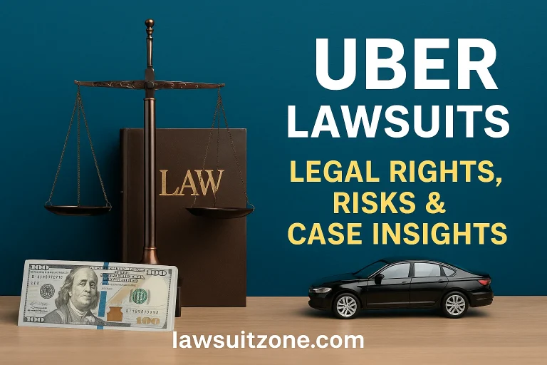 Feature image showing legal symbols, law book, scales of justice, money, and a car representing Uber lawsuits and legal rights.