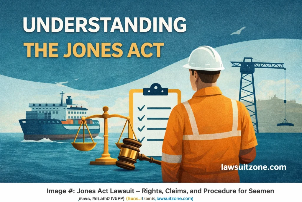 Understanding the Jones Act showing a maritime worker, cargo ship, and legal symbols explaining seamen injury rights
