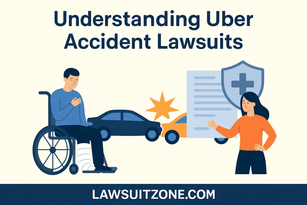 Illustration showing an Uber accident lawsuit concept with an injured man in a wheelchair, a car collision scene, and a woman discussing legal paperwork, branded with lawsuitzone.com.