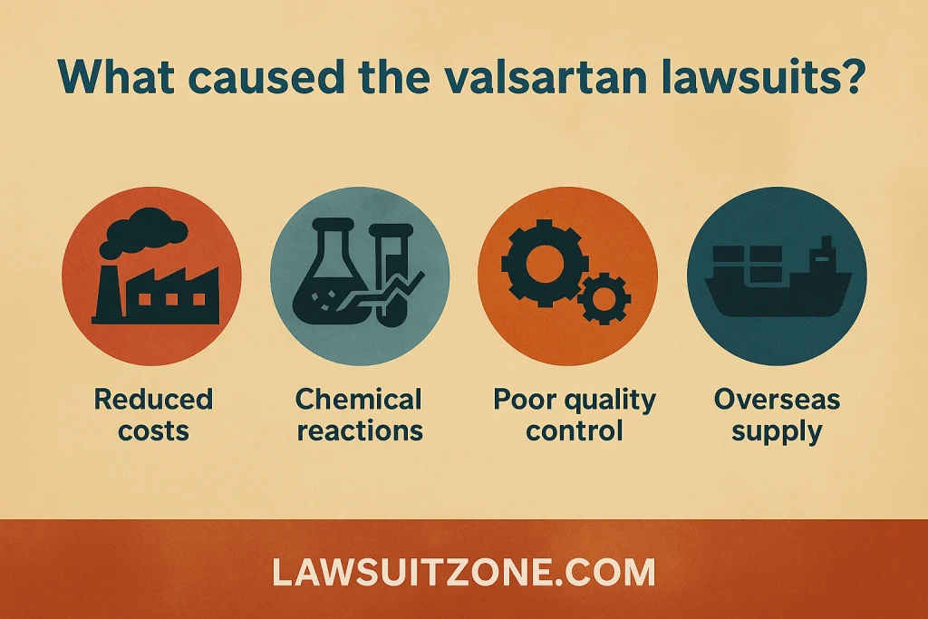 Illustration explaining key causes of the valsartan lawsuits, including reduced costs, chemical reactions, poor quality control, and overseas supply issues, with lawsuitzone.com branding.