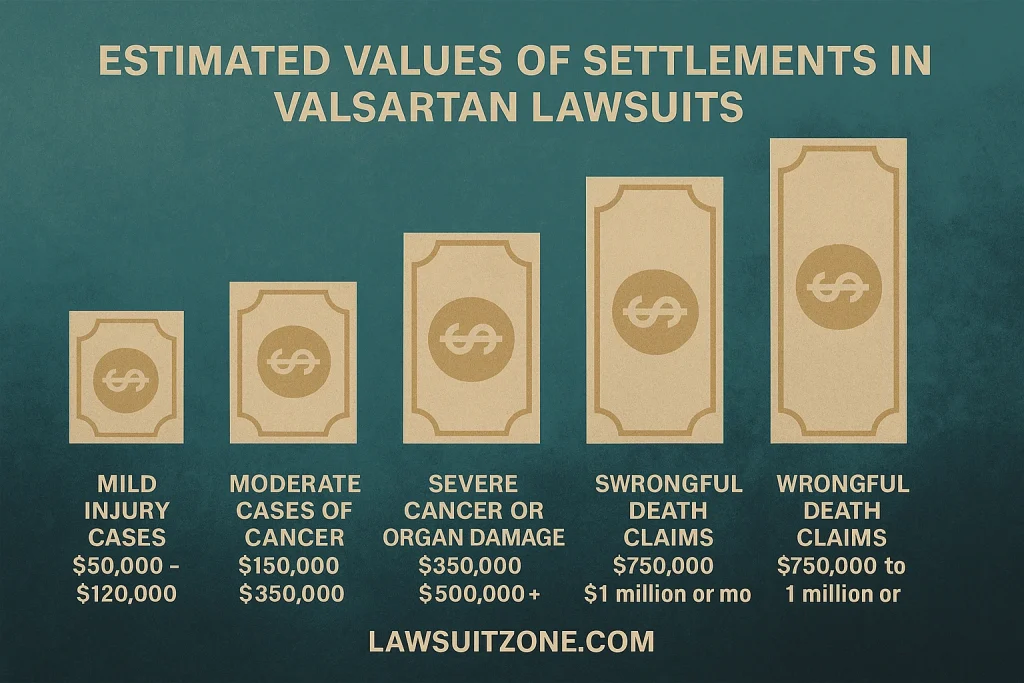Infographic showing estimated settlement values in valsartan lawsuits, including ranges for mild injury, moderate cancer, severe cancer or organ damage, and wrongful death claims, branded with lawsuitzone.com.