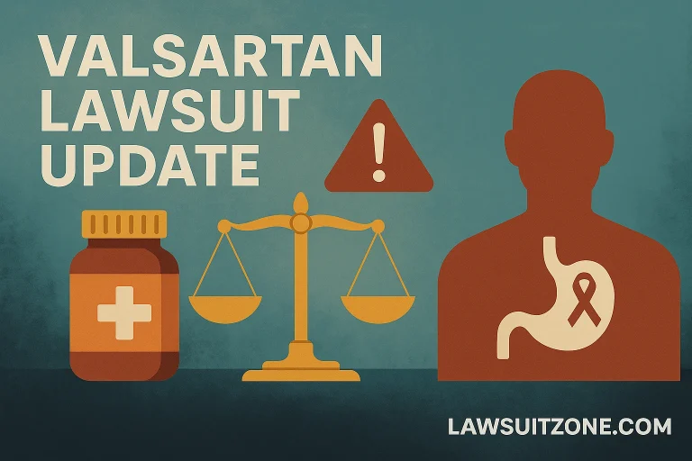 Illustration showing valsartan lawsuit update with a medication bottle, legal scales, contamination warning symbol, and cancer-awareness icon, branded with lawsuitzone.com.