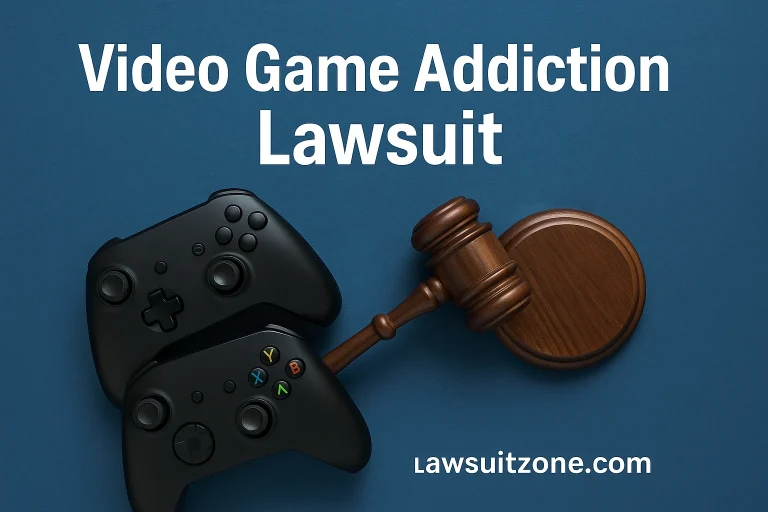 Video game addiction lawsuit showing gaming controllers and court gavel representing legal action