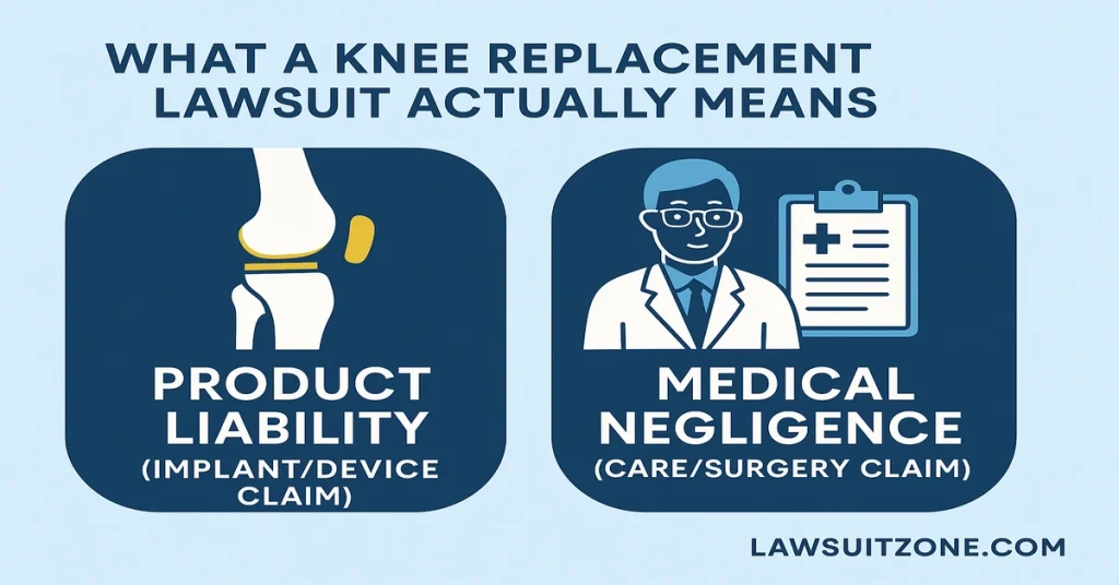 Infographic explaining what a knee replacement lawsuit means, showing product liability implant claims vs medical negligence care and surgery claims