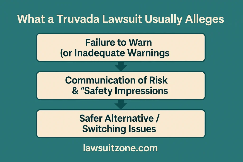 Infographic explaining what a Truvada lawsuit usually alleges, including failure to warn, risk communication issues, and safer alternative or switching concerns, branded with lawsuitzone.com