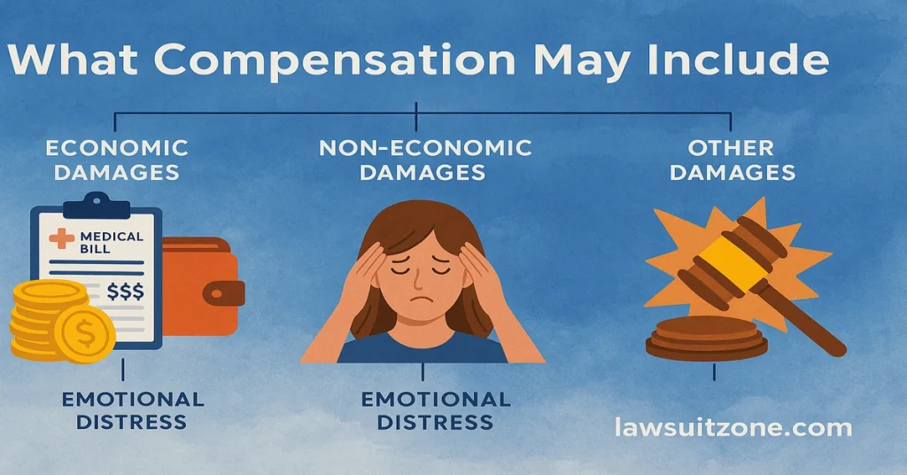 Knee replacement lawsuit compensation infographic showing economic damages, non-economic damages, and other damages with lawsuitzone.com branding