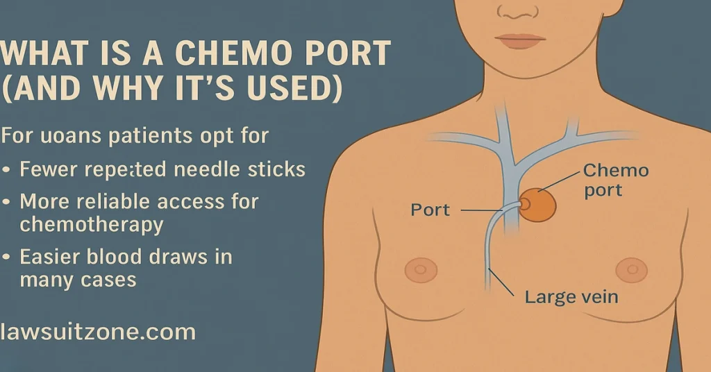 Diagram showing what a chemo port is, where it is placed in the chest, and why patients use it for chemotherapy access