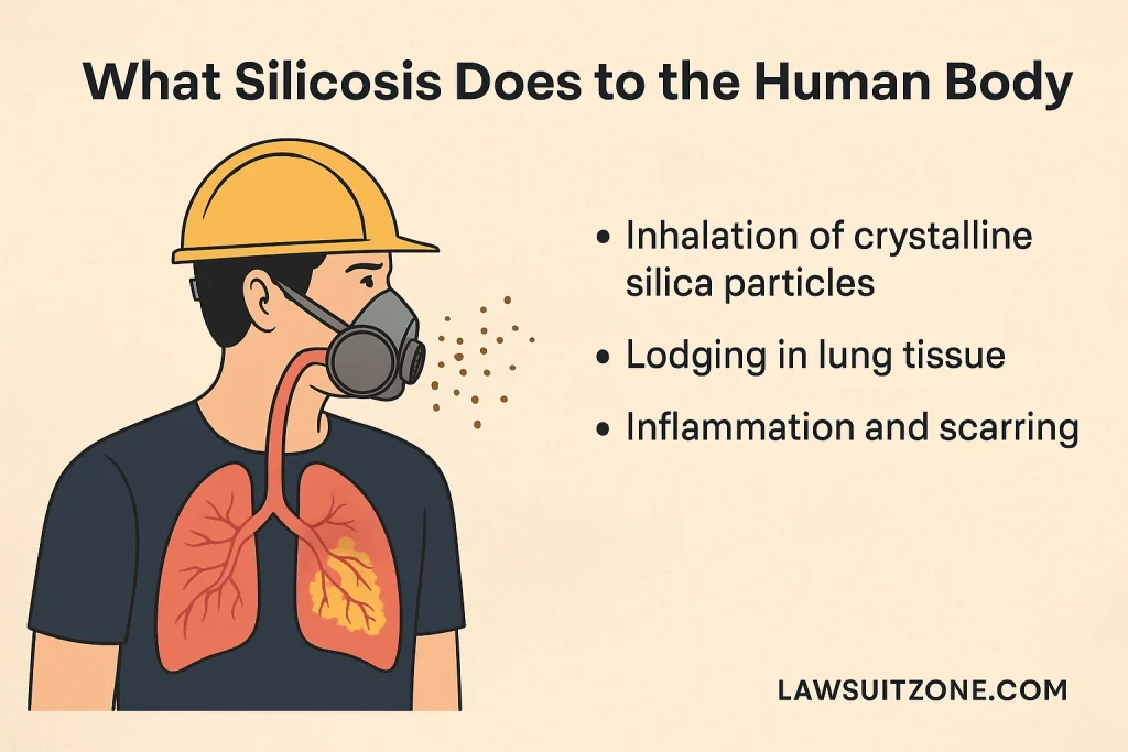 Infographic explaining what silicosis does to the human body including lung scarring and breathing damage