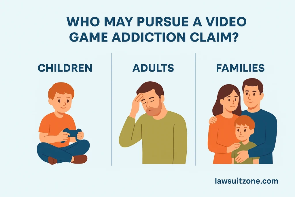 Who may pursue a video game addiction lawsuit including children, adults, and affected families