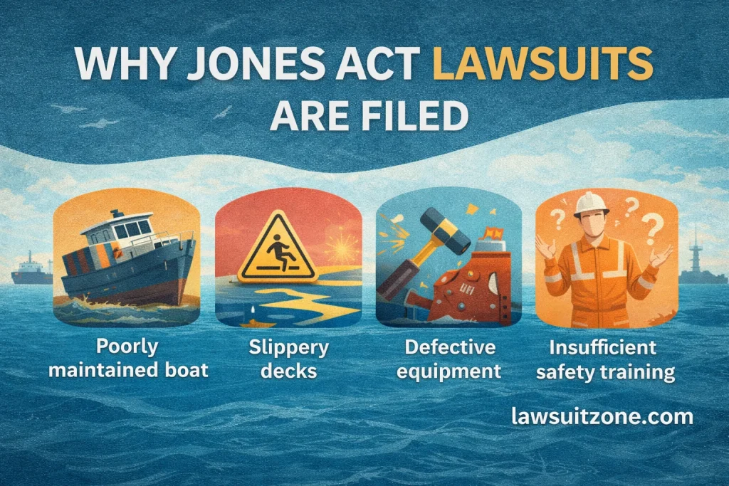 Why Jones Act lawsuits are filed showing unsafe vessels, slippery decks, defective equipment, and lack of safety training