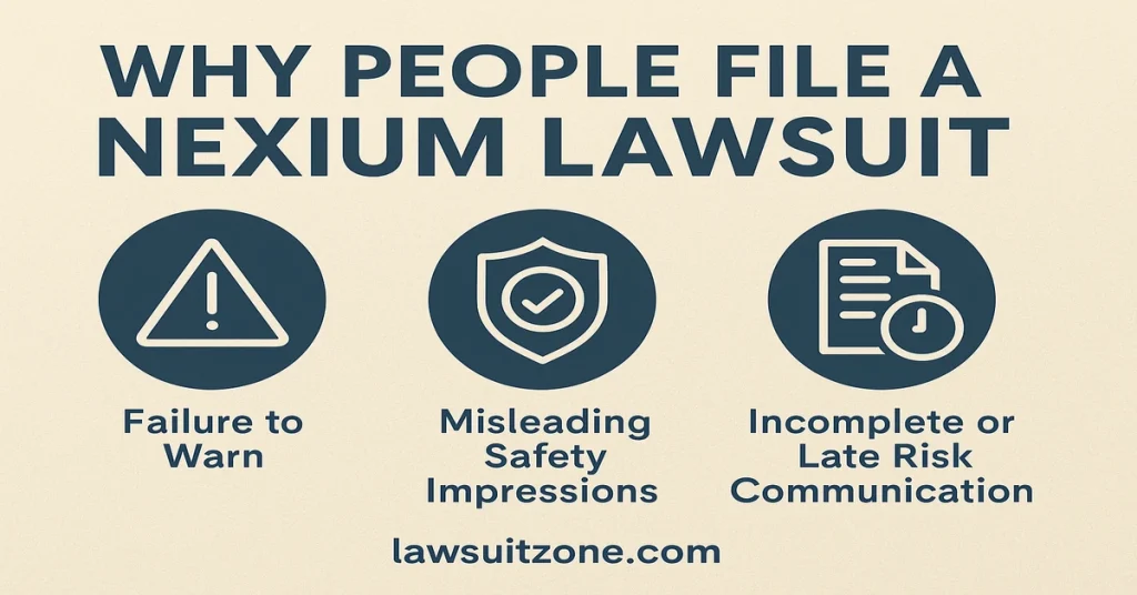 Infographic explaining why people file a Nexium lawsuit, including failure to warn, misleading safety impressions, and late risk communication
