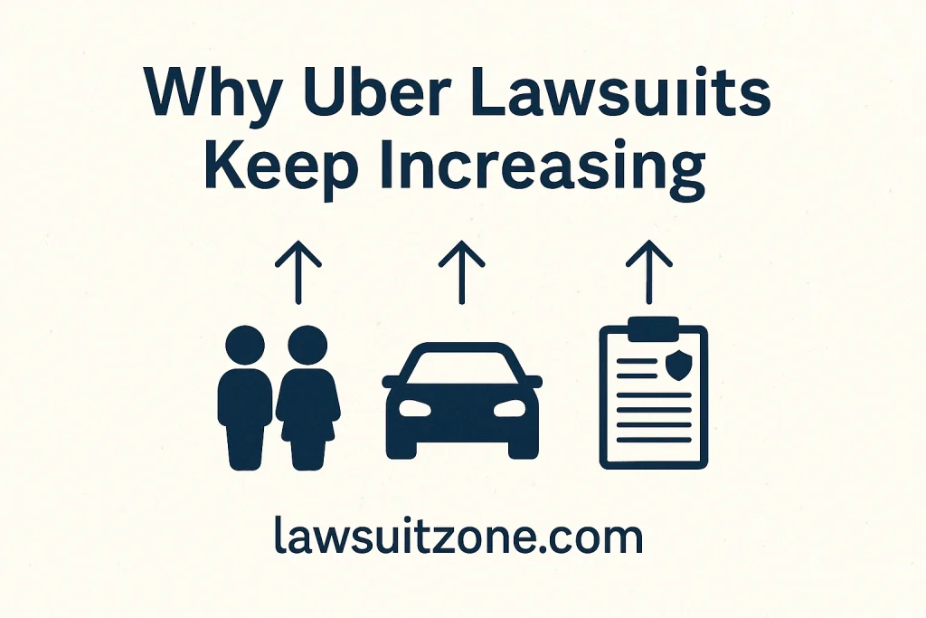Illustration showing rising factors behind Uber lawsuits including riders, vehicles, and legal documents, with the website lawsuitzone.com displayed.