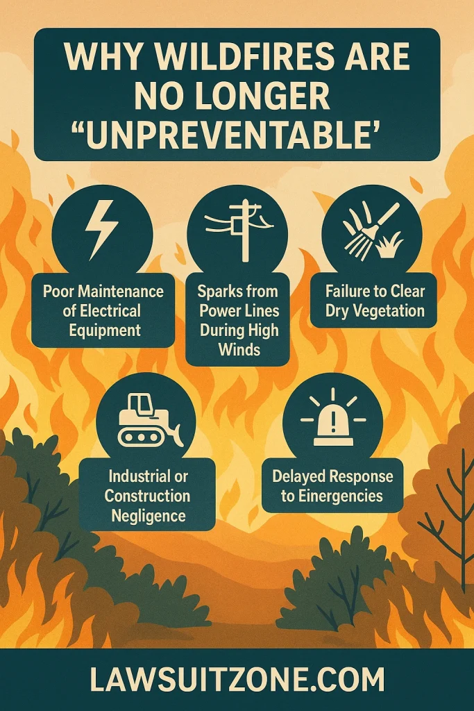 Infographic explaining why wildfires are no longer unpreventable including power line sparks, poor maintenance, negligence, and delayed response