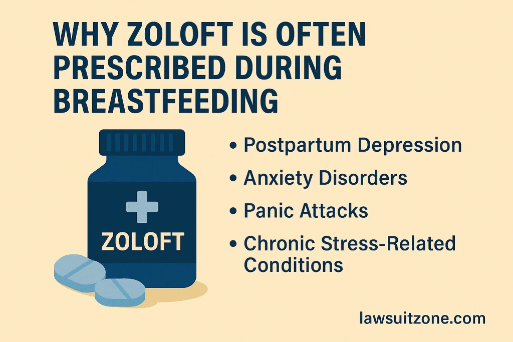 Illustration explaining why Zoloft is often prescribed during breastfeeding including postpartum depression, anxiety disorders, panic attacks, and chronic stress conditions