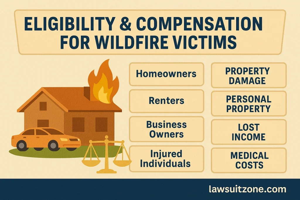 Infographic showing wildfire lawsuit eligibility and compensation including homeowners, renters, business owners, injured individuals, and covered losses