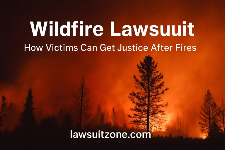 Wildfire lawsuit feature image showing forest fire destruction and legal action for victims seeking compensation
