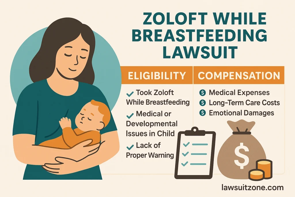 Infographic explaining Zoloft while breastfeeding lawsuit eligibility and compensation including medical expenses, long-term care costs, and emotional damages for affected families
