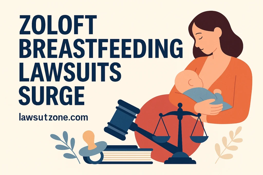 Illustration showing a breastfeeding mother with legal symbols highlighting the rise in Zoloft while breastfeeding lawsuits and pharmaceutical liability
