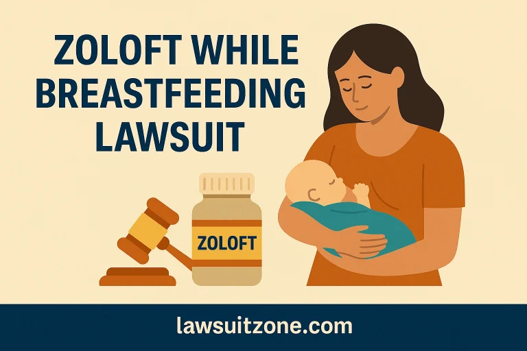 Zoloft while breastfeeding lawsuit illustration showing a mother nursing her baby alongside legal symbols highlighting infant safety and pharmaceutical liability